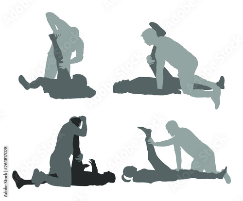 Physiotherapist and patient exercising in rehabilitation center, vector silhouette illustration. Doctor supports sportsman during physiotherapy treatment. Physical exercises massage and chiropractic