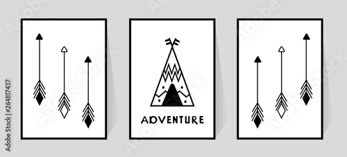 Nursery wall decor of wigwam or tipi in scandinavian style. Inscription Adventure and arrows for print typography. Set monochrome poster for kids room decoration. Vector illustration