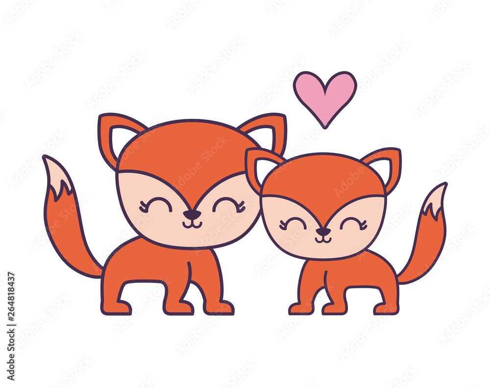 couple of cute fox animal isolated icon couple of cute fox animal isolated icon