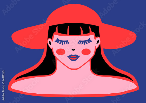 Brunette woman in big red hat, closed eyes. Makeup, long lashes on her face. Long hair, bang. Pretty portrait of a young abstract model for banner, print, poster, advertising, banner, surface
