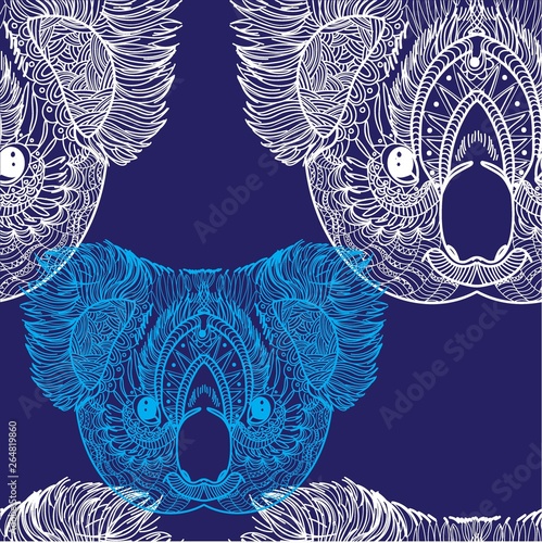 A pattern with koalas. Seamless pattern. Ethnic Indian drawing. Yoga, meditation. Drawing manually. Stylish background, lots of details.