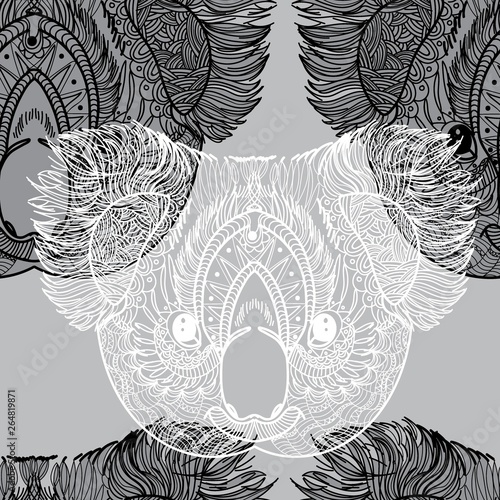 A pattern with koalas. Seamless pattern. Ethnic Indian drawing. Yoga, meditation. Drawing manually. Stylish background, lots of details.