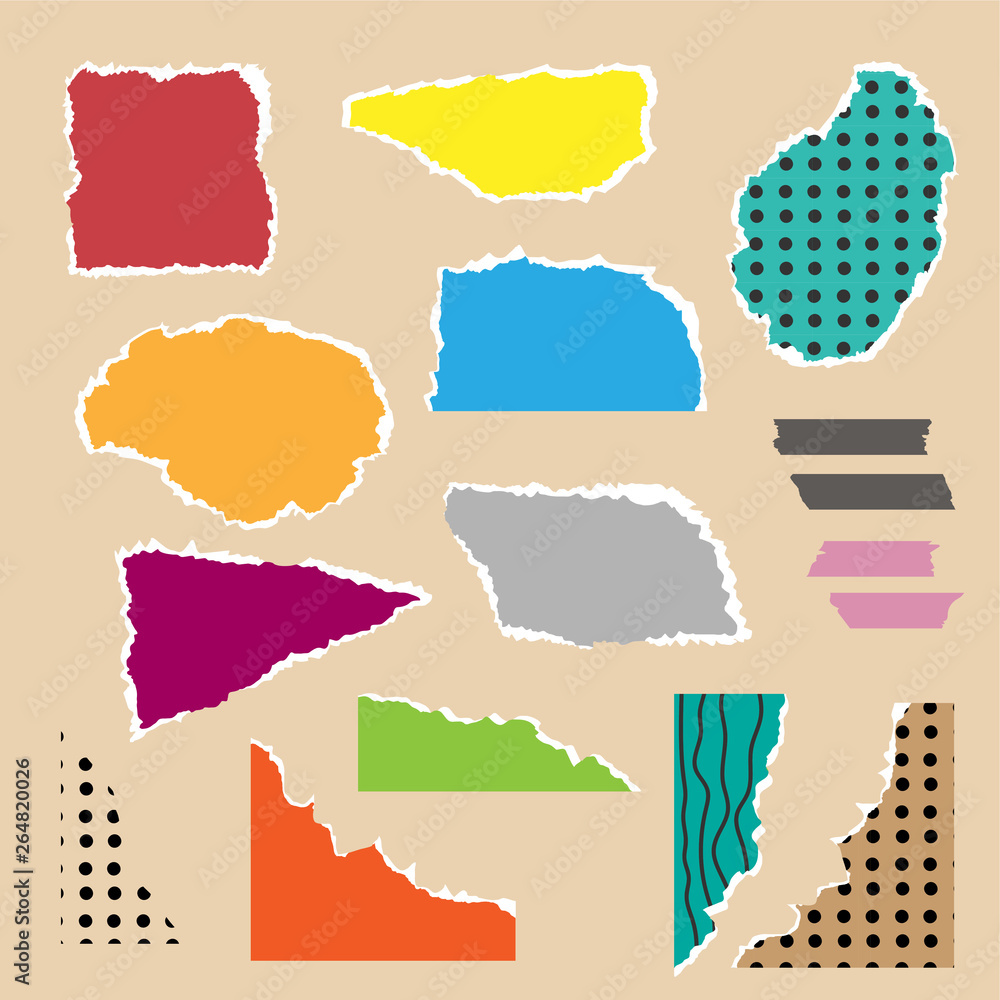Pieces of torn colorful papers with doodles. Flat vector illustration. Set of collage elements