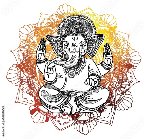 Ganesha is a god. The head of an elephant. Indian deity, religious symbol. Drawing by hand.