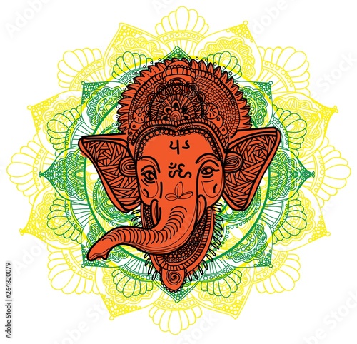 Ganesha is a god. The head of an elephant. Indian deity, religious symbol. Drawing by hand.