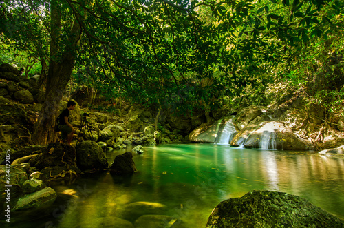 Erawan Waterfall  Erawan National Park in Kanchanaburi Thailand on colorful tone  selective focus  detailed close-up shot   Long Exposure 