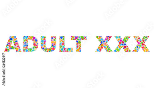 ADULT XXX caption with bright mosaic flat style. Colorful vector illustration of ADULT XXX caption with scattered star elements and small circles. Festive design for decoration titles.