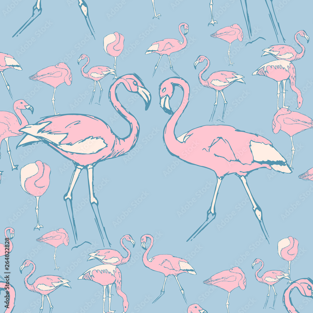 Fototapeta premium pink flamingos in water in different poses and two flamingos