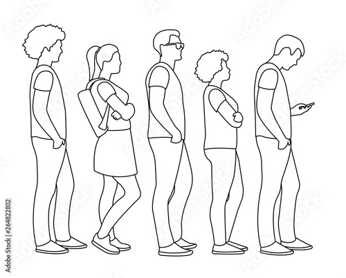 Full length of cartoon people standing in line outline