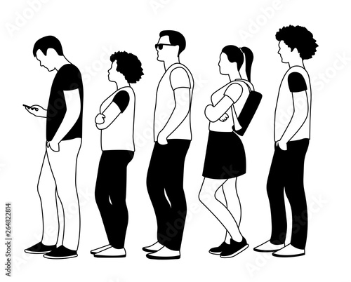 Full length of cartoon people standing in line outline