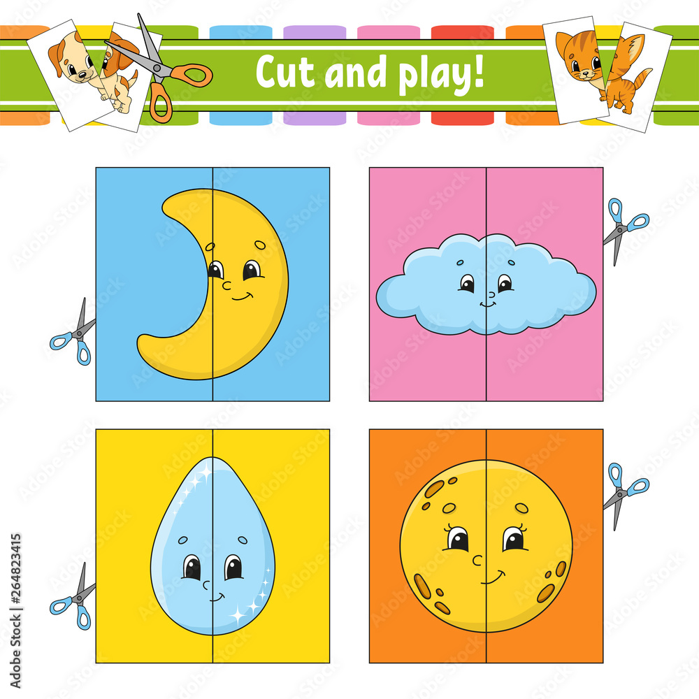 Fototapeta premium Cut and play. Flash cards. Color puzzle. Education developing worksheet. Activity page. Game for children. Funny character. Isolated vector illustration. Cartoon style.