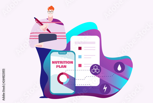 Man in glasses writes diet plan checklist with icons for calorie, carbohydrates, fats, proteins. Nutrition plan, weight-management diet, individual dietary service concept.