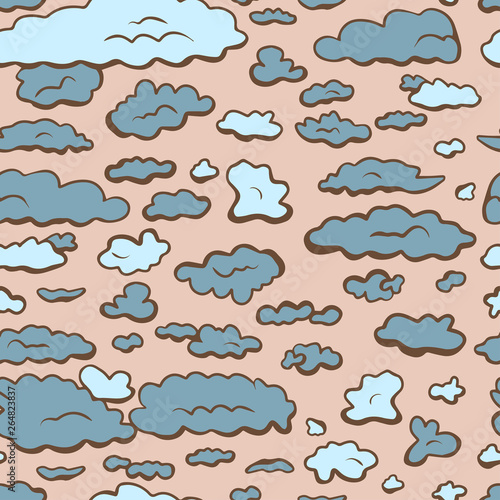 Cute hand drawn color vector seamless pattern. Blue clouds isolated on pink, beige background. Unique abstract texture for invitations, cards, websites, wrapping paper, textile. Sky, weather, overcast