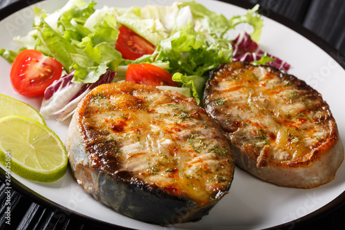 Freshly cooked sturgeon steaks served with fresh vegetable salad close-up on a plate on the table. horizontal