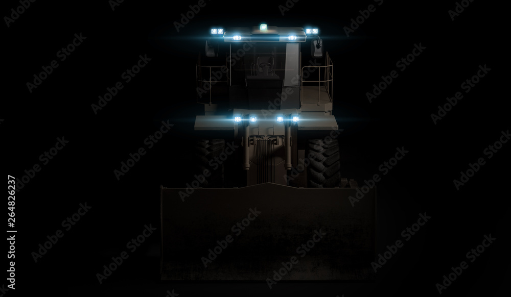 Heavy bulldozer construction equipment on black background. 3D render