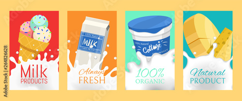 Fresh dairy products concept set of banners, cards vector illustration. Organic, quality food. Great taste and nutritional value. Farm animal milk, ice cream and cottage cheese.