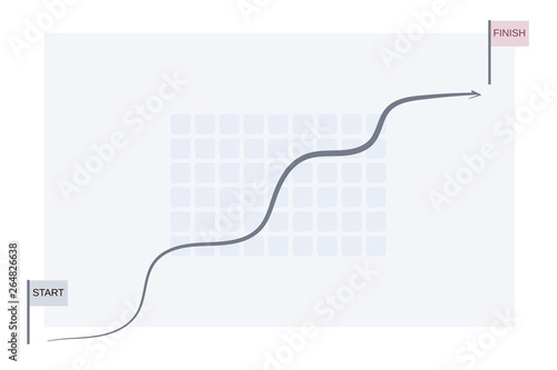 Vector drawing with a rising line the way the road from the black line with an arrow between the two flags start and finish on a pale blue background.