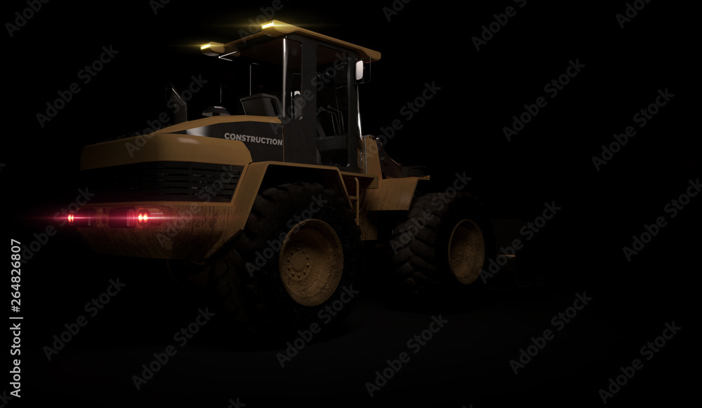 Heavy bulldozer construction equipment on black background. 3D render Heavy bulldozer construction equipment on black background. 3D render