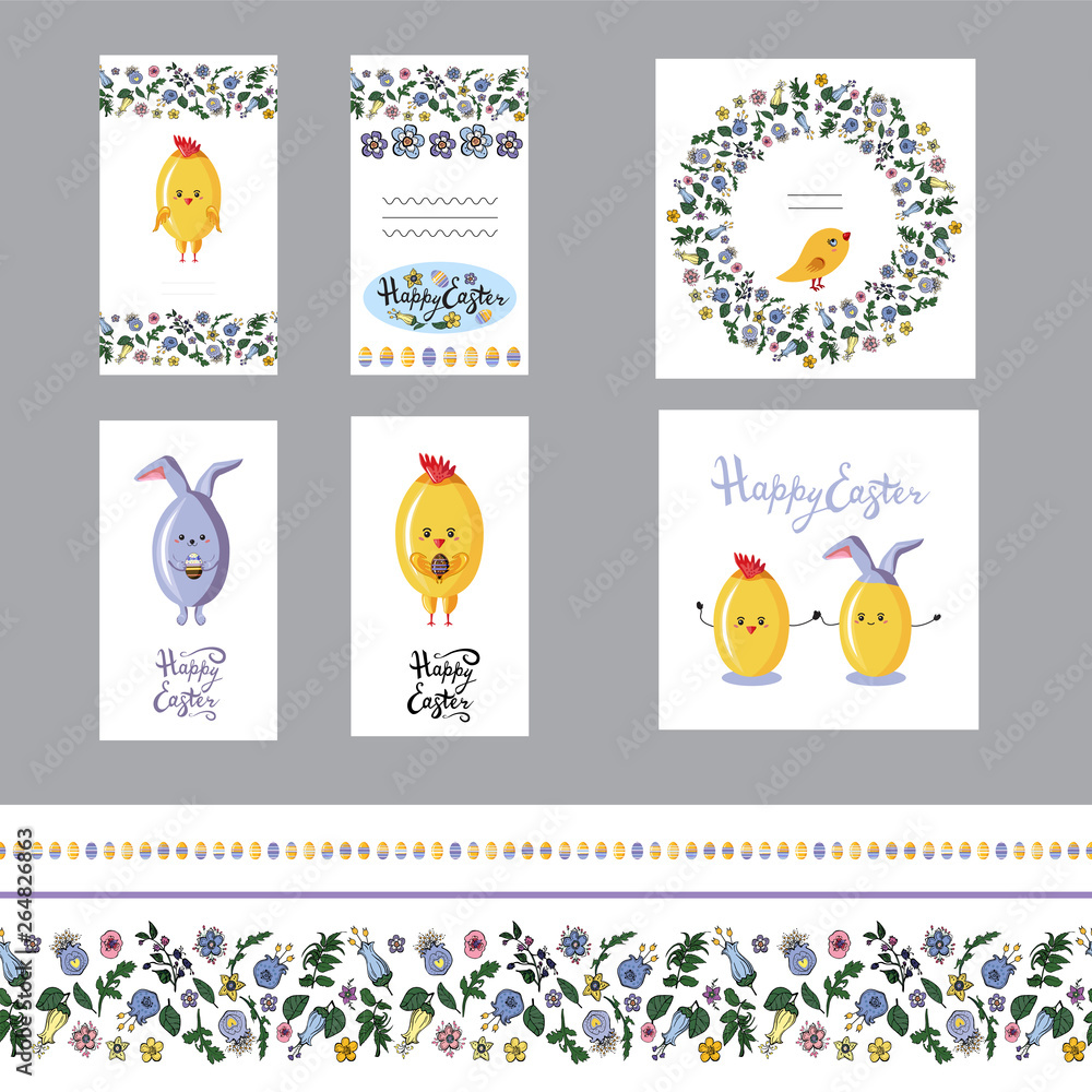 Cute easter greeting card set with motley eggs and seamless borders. Flat vector