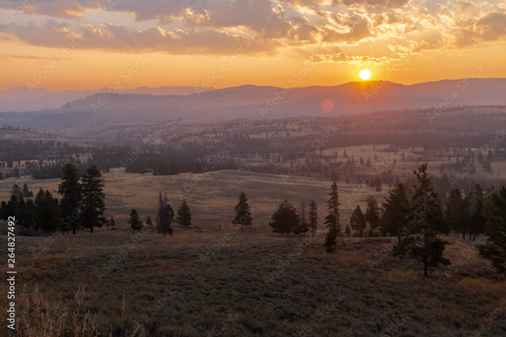 Sunrise in Yellowstone National Park, the sun raises above the hills and covers the meadow in golden light, no people in the picture Sunrise in Yellowstone National Park, the sun raises above the hills and covers the meadow in golden light, no people in the picture