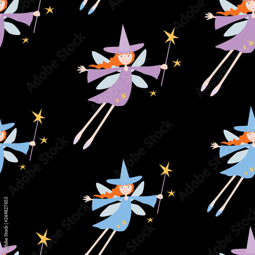 Seamless background of flying young witches