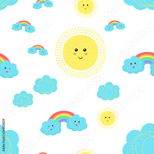 Vector kids pattern with cute clouds, sun, rainbows and stars.