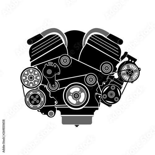 Flat icon. V-shaped engine, frontal view. Isolated on white background.Detailed drawn engine icon, perfect for marking car knots in an online store, magazine or advertisement. 