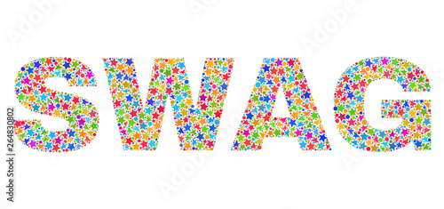 SWAG text with bright mosaic flat style. Colorful vector illustration of SWAG caption with scattered star elements and small circle dots. Festive design for decoration titles.