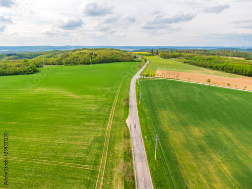 Aerial view of agriculture fields, meadow and road inside. Rural scene of countryside. Fresh green colors, look to above tree. Day on spring after rain