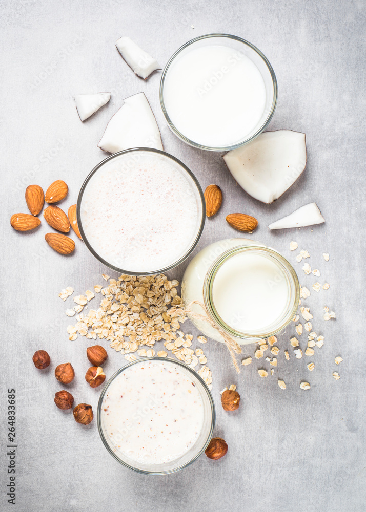 Vegan non dairy alternative milk top view. Vegan non dairy alternative milk top view.