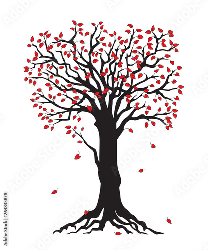 Black silhouette tree with red leaves