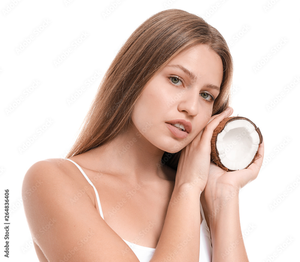 Beautiful young woman with coconut on white background Beautiful young woman with coconut on white background