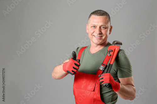 Handsome plumber showing th...
