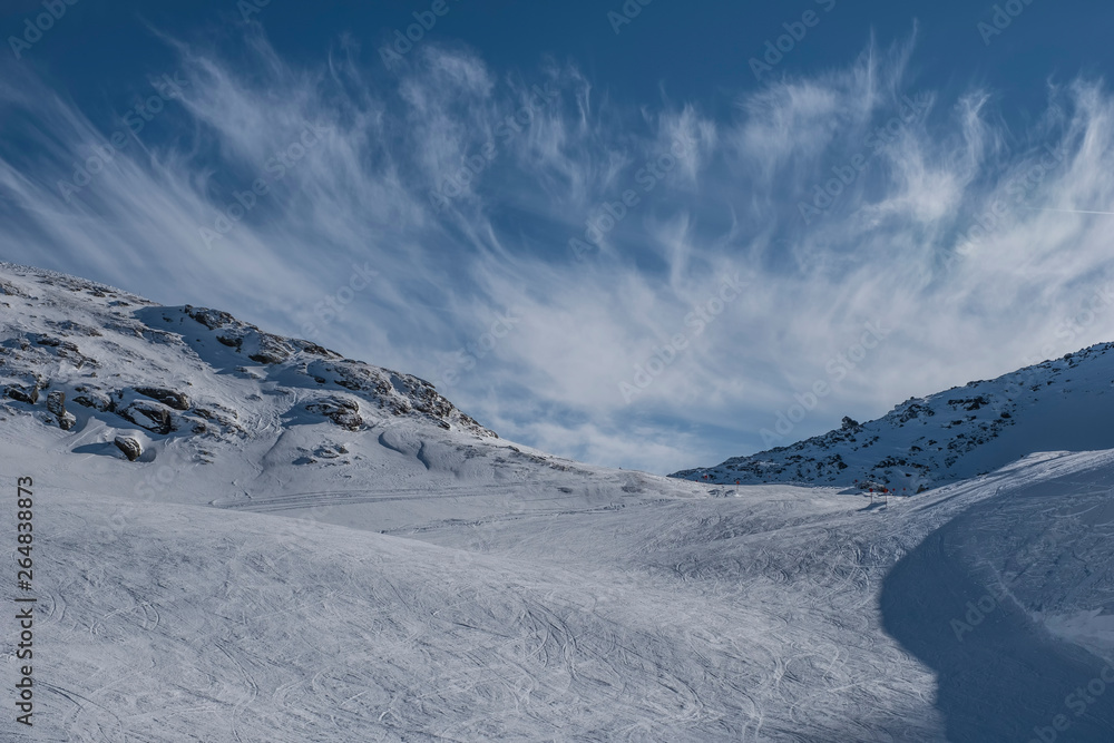 scenic view over the alps in Tulfes ski resort, Austria, in wintertime.