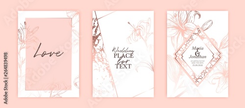 Set of elegant brochure, card, cover. White and rose gold. Hand drawn pink lilies. Romantic wedding invitation.