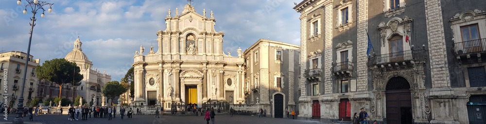 Catania panoramic view of cathedral square with baroque basilica church, elephant statue, dome and building