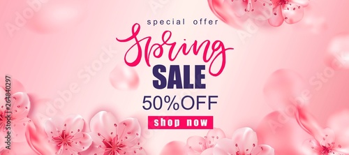 Spring sale background with pink cherry blossoms realistic flowers.
