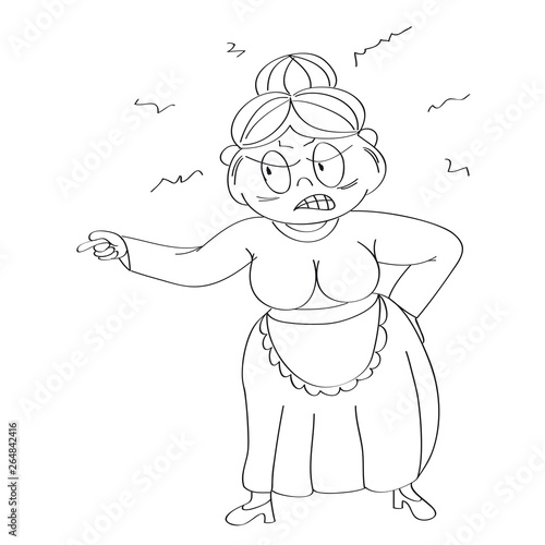 Old lady, granny, angry and furious, yelling and pointing her finger. Original hand drawn illustration.