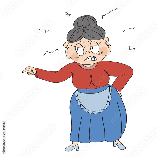Old lady, granny, angry and furious, yelling and pointing her finger. Original hand drawn illustration.