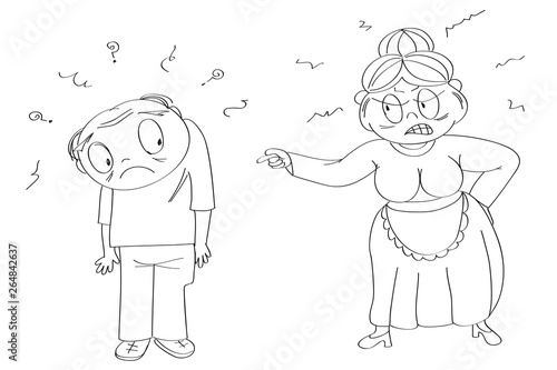 Spouses quarrel or domestic violence concept. Old lady full of rage, angry with her husband, shouting at him, pointing her finger, starting a quarrel. Original funny hand drawn illustration.
