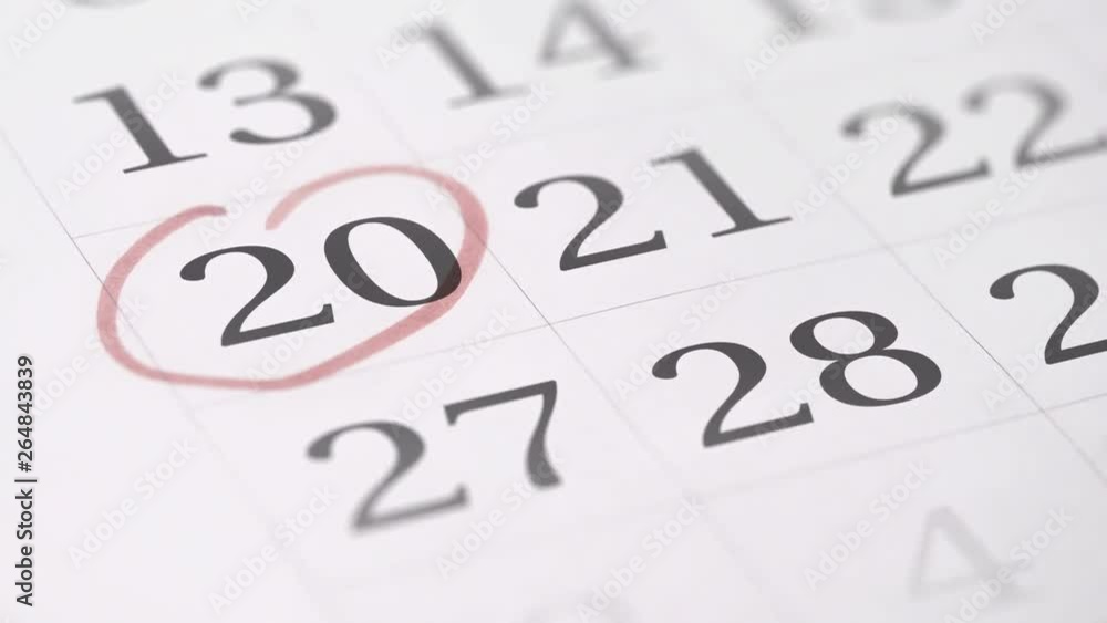 Drawing red circled mark on the twentieth 20 day of a month in the calendar Drawing red circled mark on the twentieth 20 day of a month in the calendar