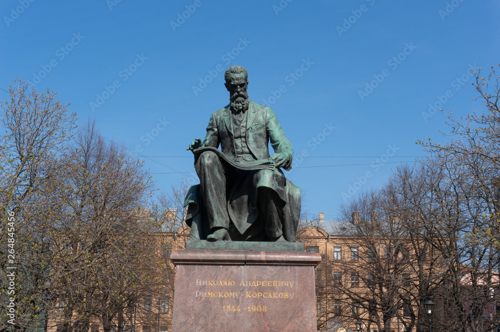 Memorable monument to the famous composer Rimsky-Korsakov in the park near the Mariinsky Theater in the city of St. Petersburg on a clear, sunny summer day