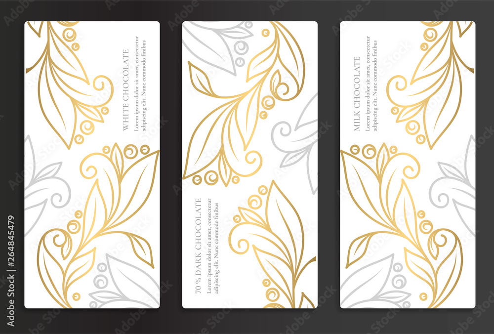 Luxury golden packaging design of chocolate bars. Vintage vector ornament template. Elegant, classic elements. Great for food, drink and other package types. Can be used for background and wallpaper.