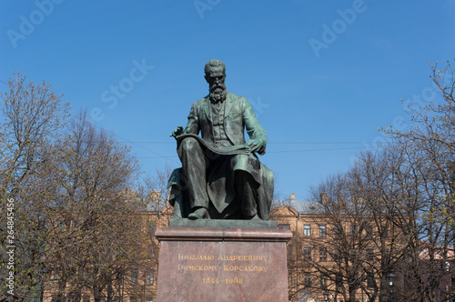 Memorable monument to the famous composer Rimsky-Korsakov in the park near the Mariinsky Theater in the city of St. Petersburg on a clear, sunny summer day photo
