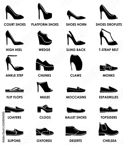 Shoes set. Types and styles of shoes executed as icons for fashion web. Vector illustration.