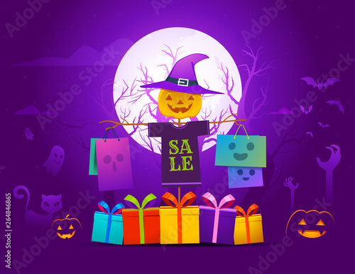 a scarecrow holding grocery bags on the purple night