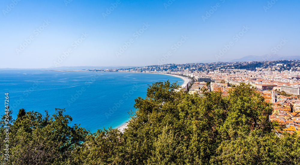 Panorama of Nice, France on the Cote d'Azur French Riviera, Mediterranean Sea seen from Castle Hill