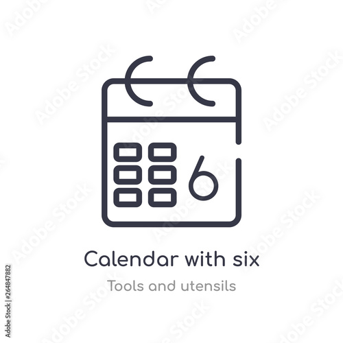 calendar with six days outline icon. isolated line vector illustration from tools and utensils collection. editable thin stroke calendar with six days icon on white background