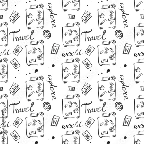 travel baggage seamless pattern . fashion hand drawn ink style with black contour lines isolated on white backgrownd. repeatable texture for textile fabric , wrapping paper background illustration