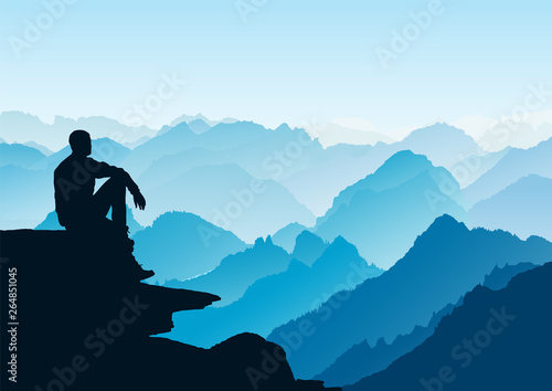 Man looking at the mountains. Flat mountain landscape. Morning in the mountains. Tourism and travelling. Vector flat design